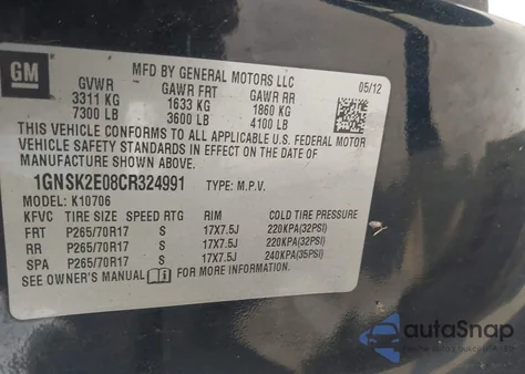 2012 Chevrolet Tahoe Commercial Fleet из США, поврежденный, VIN 1GNSK2E08CR324991